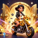 Engage in online casinos with an enchanting scene of a glamorous woman riding a golden lion amidst sparkles and riches.