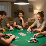 Friends enjoying a competitive poker game at home with hitclub chips and cards in play