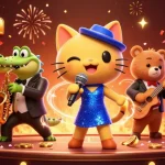 Engage with the festive spirit of 23Win casino showing cartoon characters on a lively casino stage.