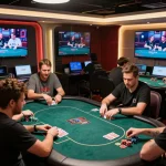 Players engaged in a dynamic poker game at LGOLUX online casino, showcasing excitement and strategy