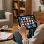Engaging with mega slot game on tablet in cozy living room