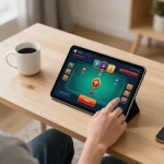 Player enjoying gi8 mobile gaming experience on a tablet in a cozy home setting