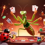 Engage in exhilarating games at Jun88 with a 3D cartoon giant mantis dealing cards and vibrant casino elements.