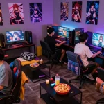 Group enjoying hentai game in a vibrant gaming lounge.