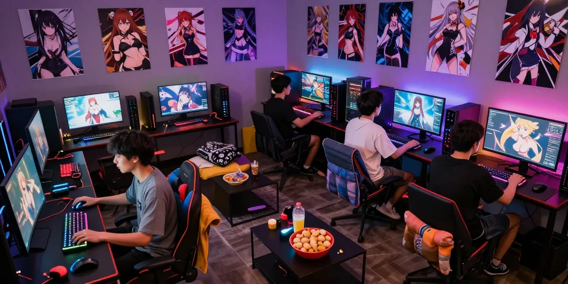 Group enjoying hentai game in a vibrant gaming lounge.