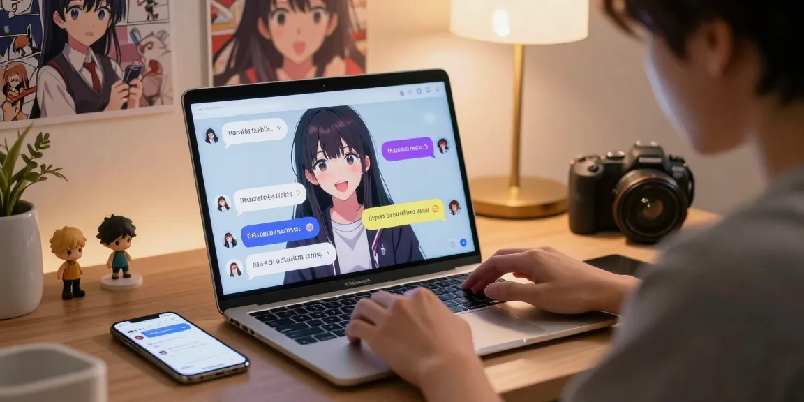 User engaging in a lively hentai AI chat experience on a laptop, showcasing playful interactions with animated dialogue bubbles and manga-themed decor.