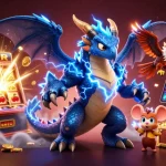 Experience the thrilling action of OKVND casino with dynamic slot machine and character-rich scene.