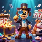 Ikuti situs slot pulsa yang menampilkan perburuan harta karun interaktif dengan karakter yang memeriksa petunjuk.