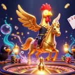Engage with miami4d6's vibrant casino scene featuring a golden rooster and lively gaming elements.