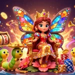 Engage with thrilling nổ hũ slots in a vibrant 3D casino scene featuring a butterfly queen.