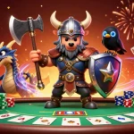 Experience thrilling poker action with 98win in this vibrant 3D scene featuring a Viking and his dragon.