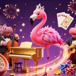 Experience the vibrant atmosphere of 888r casino with lively performers, coins, and festive elements.