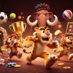 xx88 sports betting scene with caveman and sabertooth tiger in a vibrant casino atmosphere