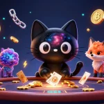 Engage with KP88 at a cosmic casino table as a black hole cat draws in golden chips and cards.