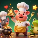 Experience the excitement of popotogel with vibrant slot themes and fun gaming characters in a dynamic casino scene.