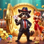 Engage in thrilling bets at 188bet with raccoon and fox characters amidst sparkling treasures.