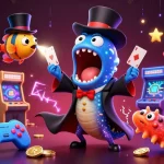 Baccarat scene depicting a bioluminescent eel performing card tricks, surrounded by colorful casino elements.