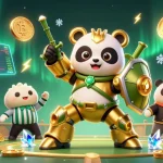 Engage with thrilling gameplay at sc88ad, showcasing golden panda in mech-suit battling amidst vibrant casino elements.
