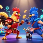 Experience exciting toto slot action with fighting roosters in a dynamic 3D casino scene filled with games.