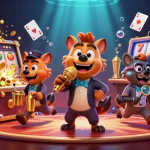 Experience the excitement of 텐텐벳 with hyenas in a vibrant casino scene featuring slots and laughter.