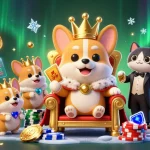 Engage in thrilling bets with DEBET while a royal corgi presides in a vibrant casino scene.