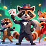 Engage with slot gacor adventures featuring a suave raccoon in a casino scene with vibrant elements.