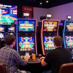 Dynamic scene of players enjoying new online casinos UK with vibrant gaming, slot machines, and lively atmosphere.