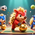 Mansion88 pangolins compete in a vibrant casino scene surrounded by sports elements and poker chips.