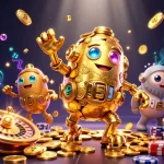 A dynamic representation of slot77 terbaru, showcasing exciting casino elements and a gold golem amidst cascading treasures.