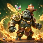 Experience the excitement of ufabet with a dynamic scene featuring a guardian golem, a fairy, and a hamster knight.