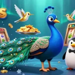 Engage with exciting Slots as a peacock displays gems, alongside a penguin with golden chips in a vibrant casino scene.