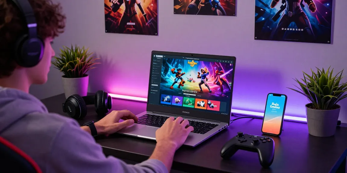 Player using the Raja Game login on a laptop with vibrant graphics in a cozy gaming setup.