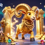 Experience excitement at situs slot with a golden ram charging through a treasure vault amidst shimmering gems.