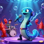 Situs slot menampilkan ikan belut DJ yang energik, dengan elemen permainan kasino terbang mengelilinginya.