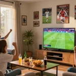 Fans enjoying a koora live match in a lively living room with snacks and jerseys.