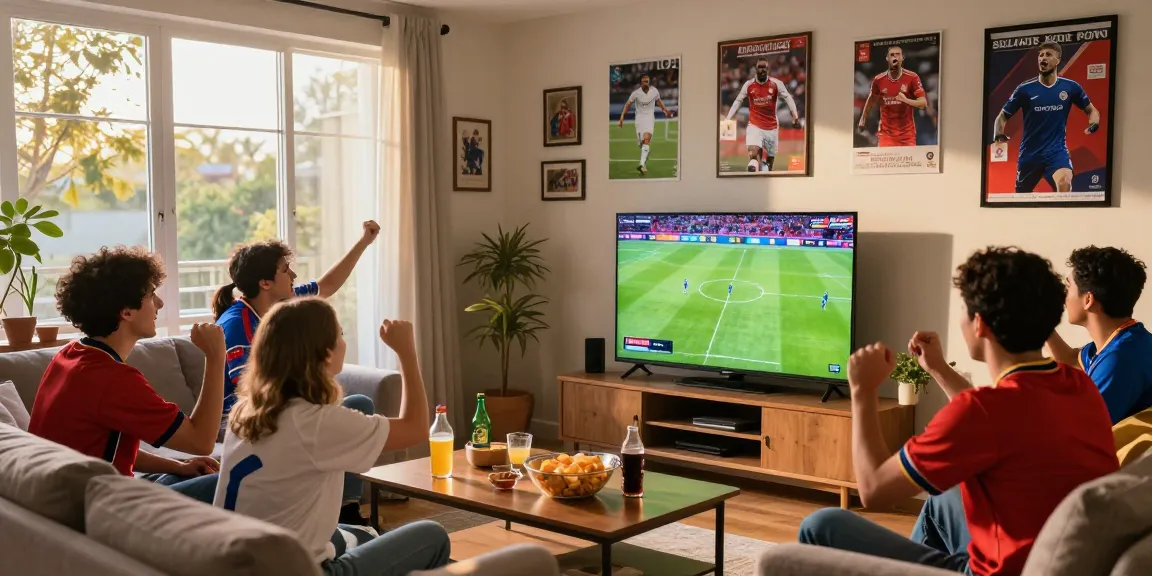 Fans enjoying a koora live match in a lively living room with snacks and jerseys.