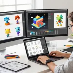 Ruang kerja desain 3D di https://miami4d.com/ dengan kreator yang sedang merancang model 3D.