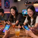 SLOT7000 gaming experience with friends enjoying digital games in a vibrant lounge.