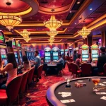 Bermain situs toto dengan mesin slot berwarna-warni dan meja perjudian yang ramai.