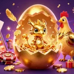 Enhance your judi bola experience with an enchanting scene of a baby dragon amidst poker chips and casino games.