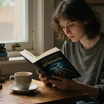 Exploring T Allen Greenfield's "UFOnauts" at https://tallengreenfield.com in a cozy reading nook.